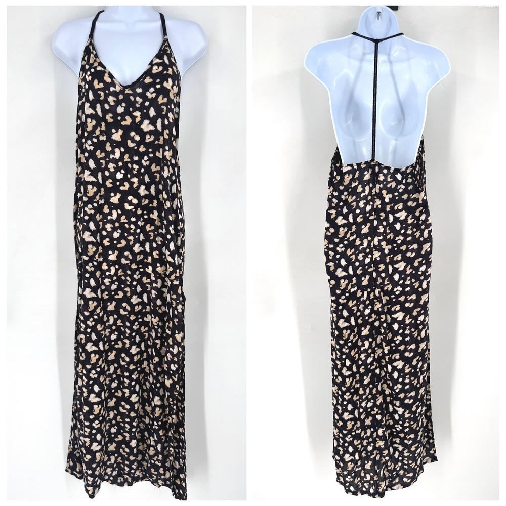 TOPSHOP Leopard Print Maxi Dress Halter Neck Side Slits Black Tan Size 8 Coverup - Picture 2 of 11